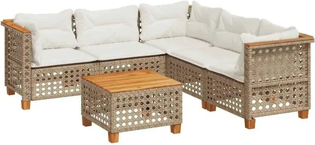 vidaXL 6-teilige Garten-Sofagarnitur aus Poly-Rattan und Akazienholz in Beige und Cremeweiß - Bild 1