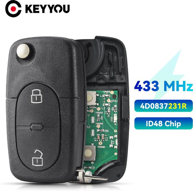 KEYYOU Auto Funkschlüssel mit Batterie 433 MHz ID48 Chip für Audi A3 A4 A6 A8 TT, 2 Tasten Flip Schlüssel in Schwarz - Bild 1