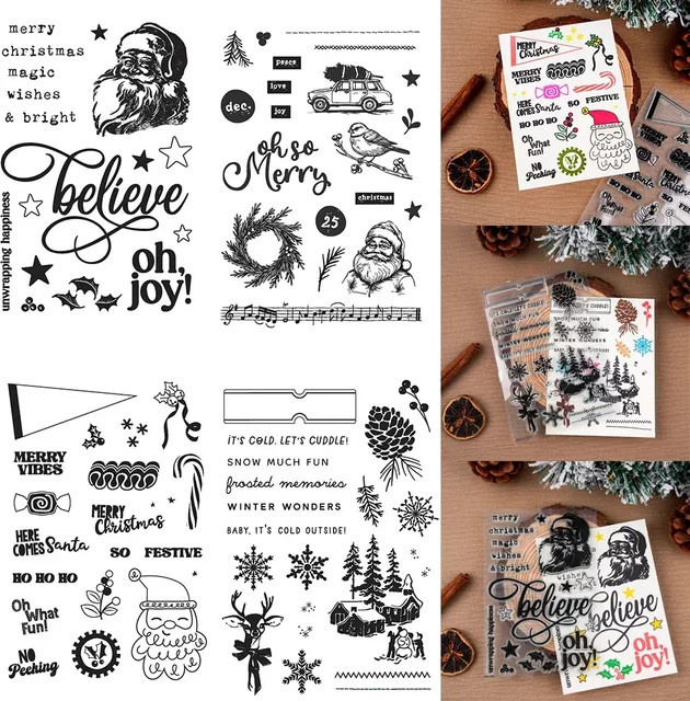 Weihnachts Stempel Set mit Motiven wie Rentier, Baum und Weihnachtsmann für DIY Scrapbooking und Kartenherstellung, transparente Kunststoffstempel - Bild 1