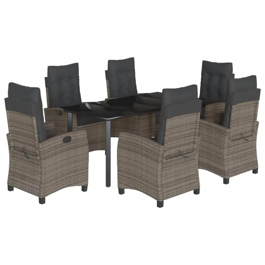 vidaXL 7-teilige Garten-Essgruppe aus Poly-Rattan mit Kissen in Grau und pulverbeschichtetem Stahl mit gehärtetem Glas - Bild 2