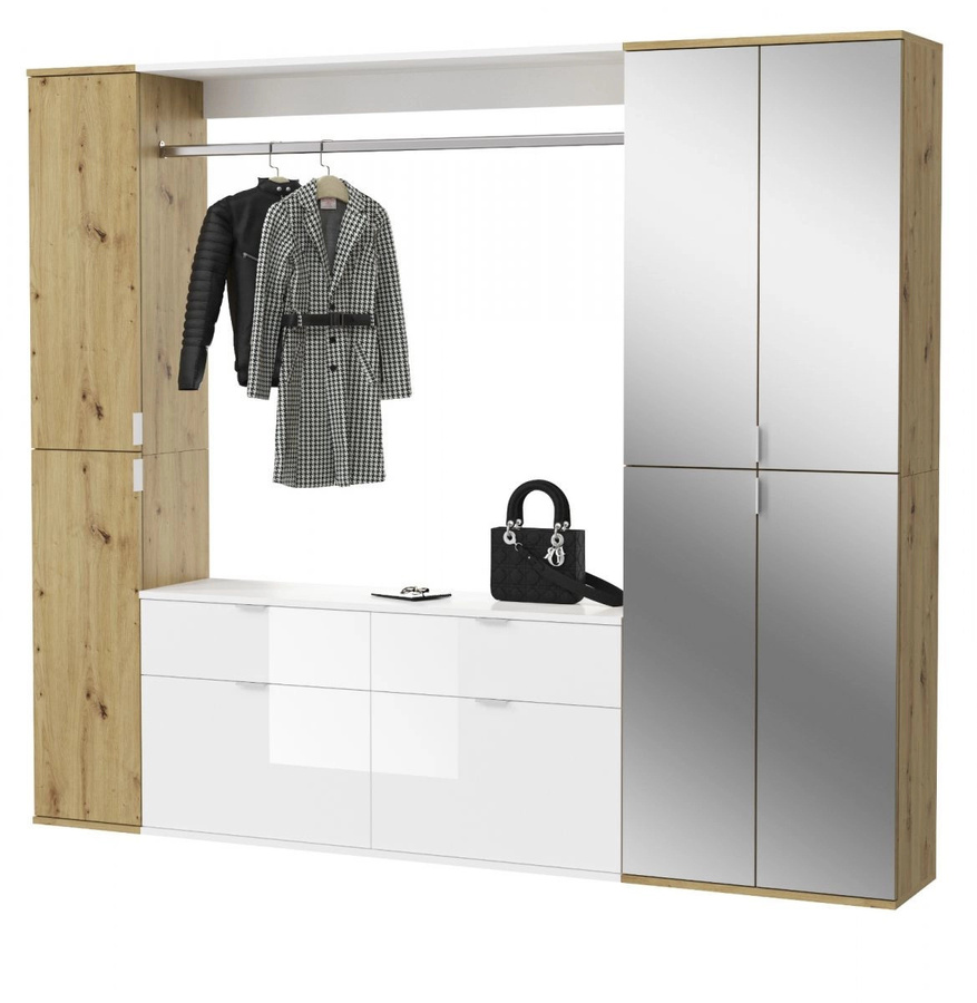Garderobe mit Spiegel Line-Up in Eiche und Weiß Hochglanz B/H: 212 x 193 cm - Bild 2