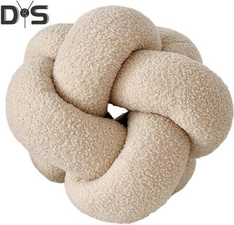 HOW-E Dekokissen in runder Kugelform aus Plüsch, geflochtener Knoten, Beige - Bild 1