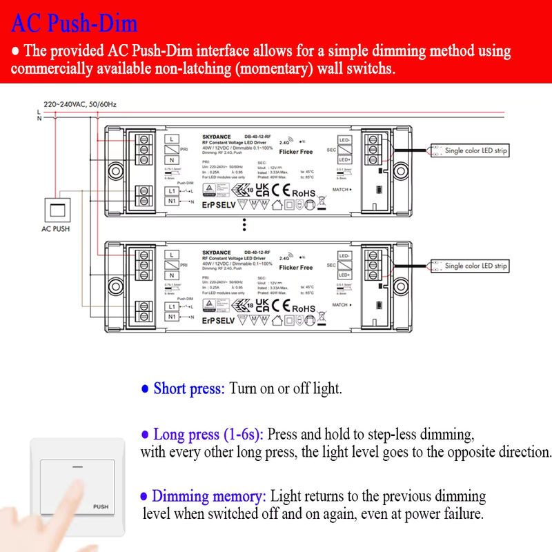 CENFAYA 40W Dimmbarer LED-Treiber mit RF 2.4G Touch-Fernbedienung und Druckschalter, DC12V, Weiß - Bild 5