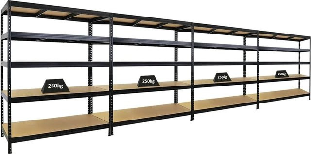 PROREGAL 4er-Set Schwerlastregal Rivet Schwarz, H x B x T: 180 x 150 x 60 cm, Fachlast 250 kg, mit verstellbaren Regalböden aus MDF und Stahl - Bild 1