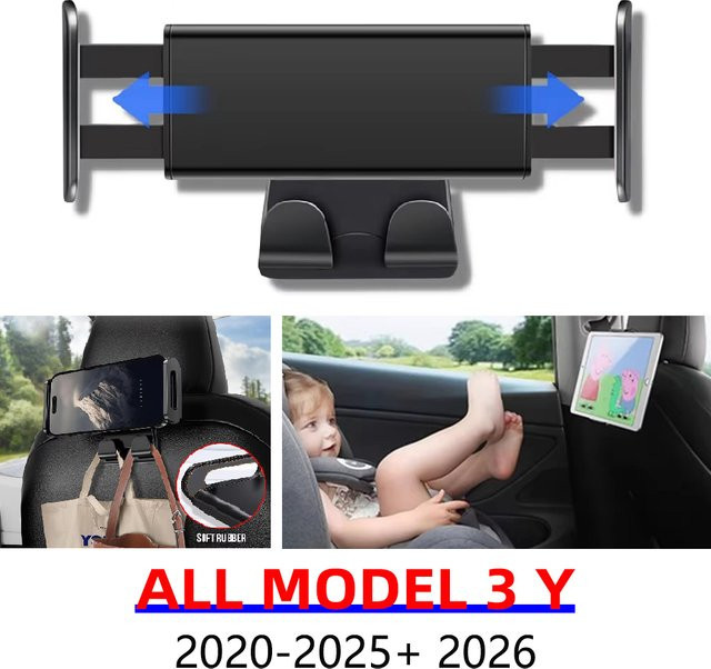 Beworth Kopfstützen-Tablethalterung für Tesla Model 3 Y Juniper Highland in Schwarz mit Handyhalterung und Haken für den Rücksitz als iPad-Zubehör - Bild 1