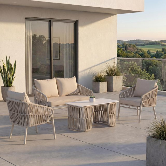 Gartengarnitur MCW P90 Lounge-Set mit Sofa, Sesseln und Tisch aus Seilgeflecht in Beige - Bild 1