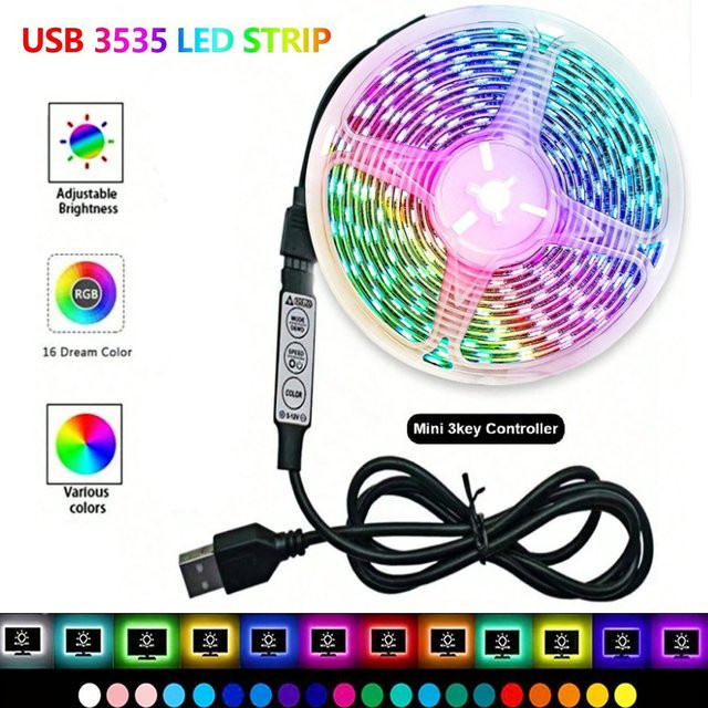 FRST SMD3535 LED-Streifen mit USB-Anschluss und 3-Tasten-Knopfsteuerung, flexibler LED-Beleuchtungsstreifen mit 7 Farbwechseln für deine Schlafzimmerdekoration - Bild 1