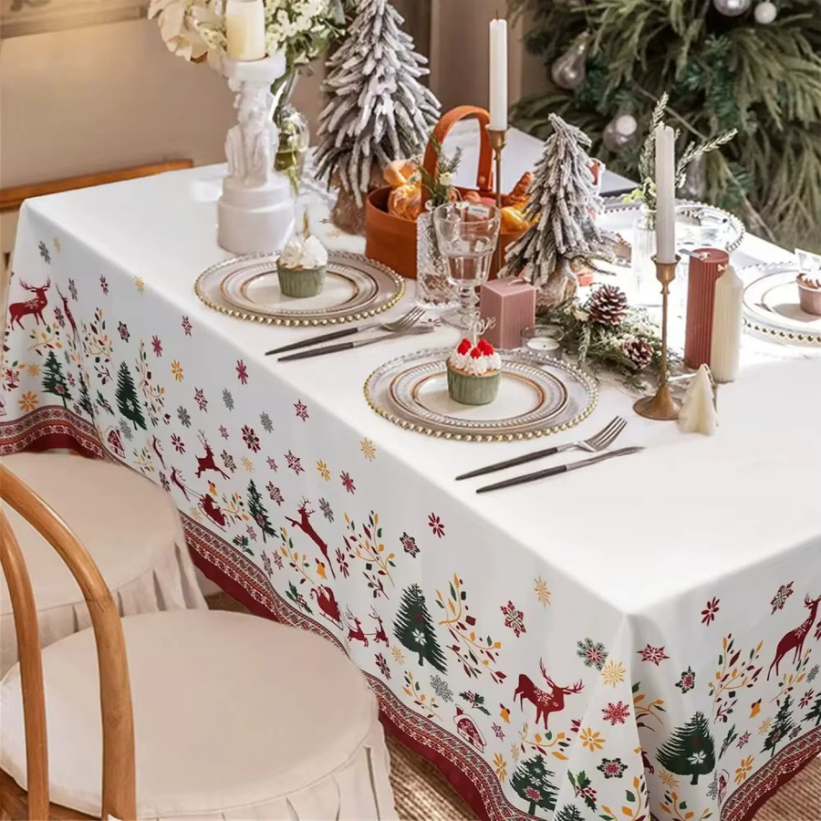VIKAMA Weihnachtstischdecke aus Leinen mit Schneeflocken-Design in Weiß, rechteckige Tischdecke für Weihnachten und Winterpartys - Bild 2