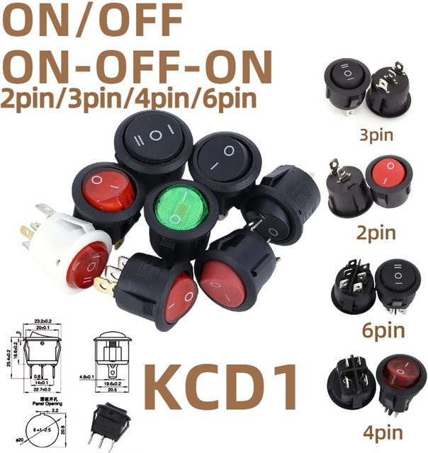 KCD1 LED-beleuchteter runder Wippschalter für Auto und Boot, 12V 24V / 6A 250V / 10A 125V, Schwarz - Bild 1