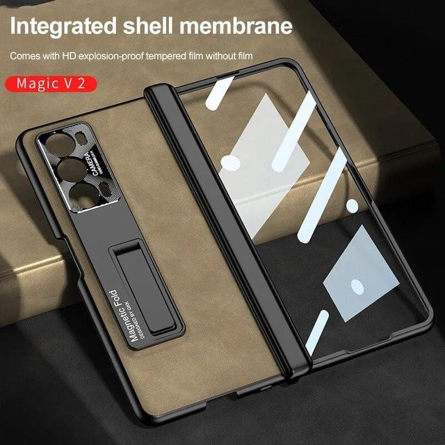 Mattes Lederetui für Honor Magic V2 mit magnetischem Scharnier und 360-Grad-Schutz in Braun - Bild 1