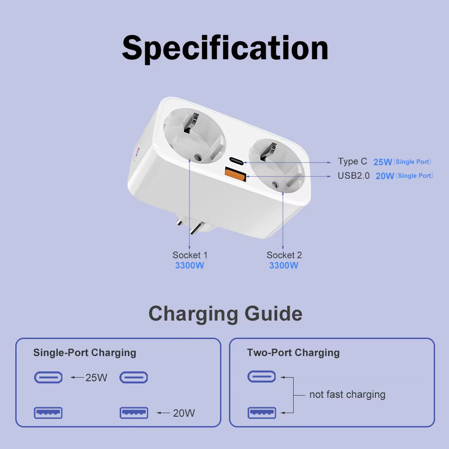 MANHOT 2-in-1 WLAN Smart-Steckdose mit PD20W/25W Schnellladestecker, Dual-Outlet, Weiß, kompatibel mit Tuya, Alexa und Google Home - Bild 2