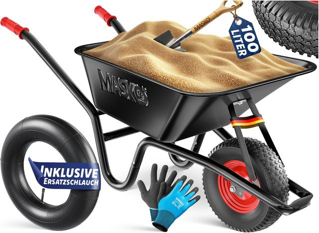 MASKO Schubkarre mit 100 Litern Volumen und 250 kg Tragkraft, verzinkter Stahlrahmen mit Luftreifen und Stahlfelge, inklusive Arbeitshandschuhen - Bild 1