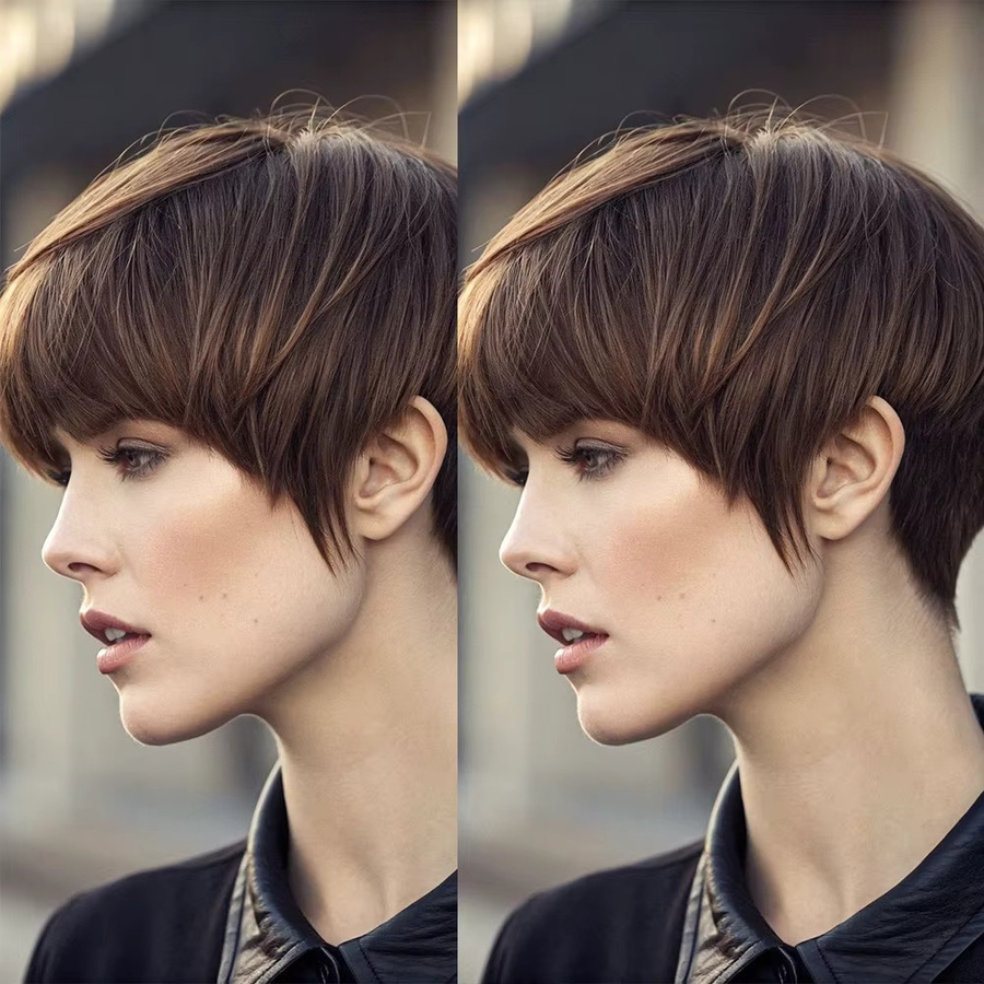 OYM HAIR Pixie-Perücke, braun, glattes Echthaar mit Pony, Damen - Bild 4