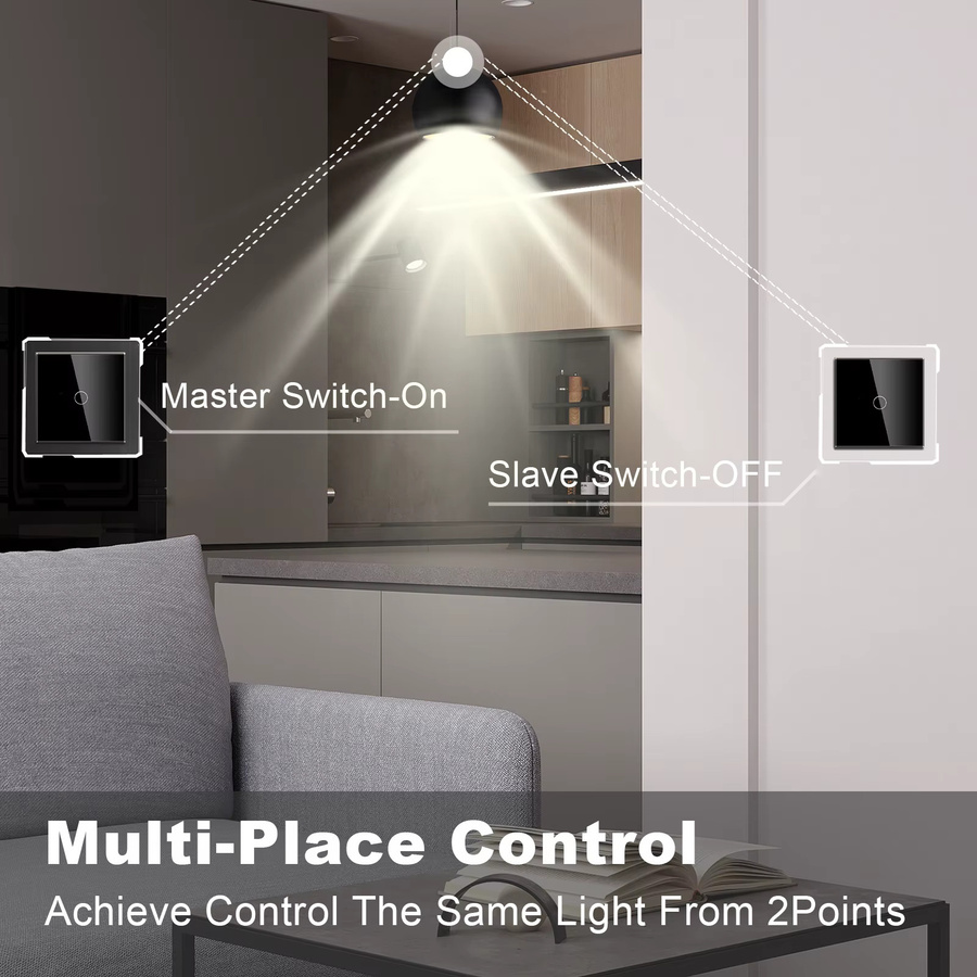 Bseed 3er-Pack EU-Standard Touch-Lichtschalter mit Kristallglas-Panel, 1-fach und 2/3-Wege Wandschalter für Treppenbeleuchtung in Schwarz und Weiß - Bild 2