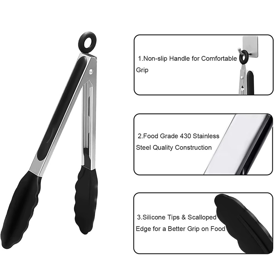 LMETJMA 3-in-1 Küchen-Kochzangen-Set aus Silikon und Edelstahl in Schwarz, hitzebeständige und kratzfeste Grillzange JT303 - Bild 3