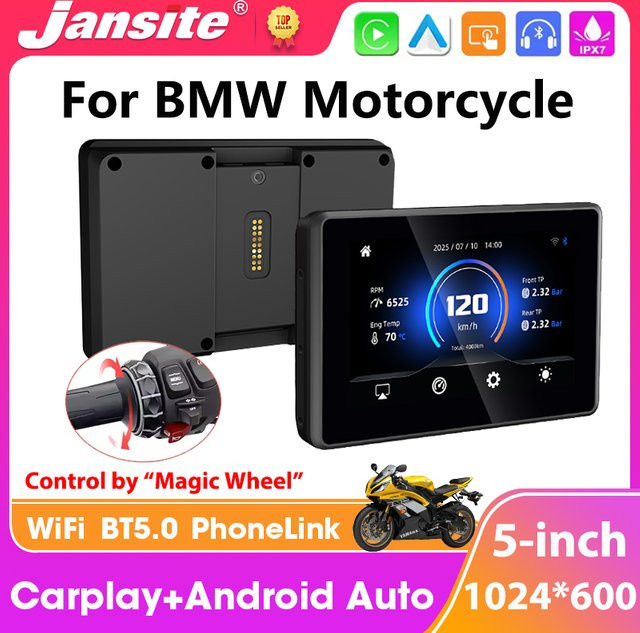Jansite Motorrad-GPS-Navigation mit drahtlosem CarPlay und Android Auto, IPX7 wasserdichter Moto Monitor in Schwarz, passend für BMW R1200GS R1250GS F800 F900 S1000XR - Bild 1