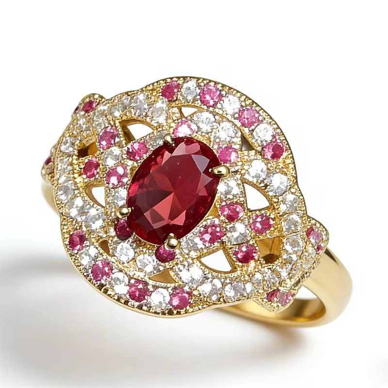 Huitan Damenring, goldfarben, roter ovaler Zirkonia, Kreuz-Design - Bild 4