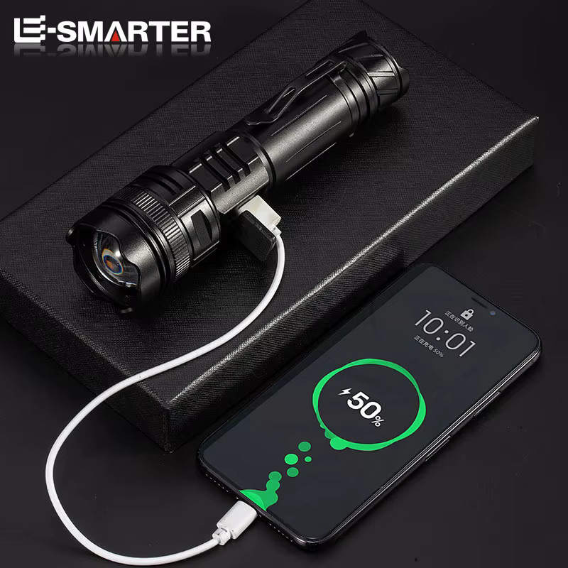 ESMARTER Taktische LED-Taschenlampe in Schwarz mit USB-C wiederaufladbarem Akku und starkem Blitzlicht - Bild 4