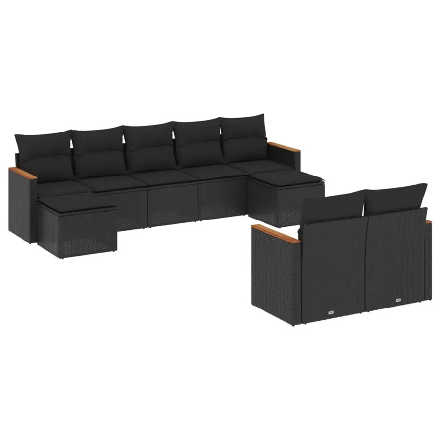 vidaXL 9-tlg. Garten-Sofagarnitur in U-Form aus Polyrattan und Akazienholz in Schwarz mit Sitzkissen und Rückenkissen - Bild 2
