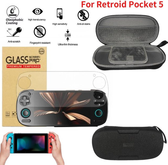 APWIKOGER Displayschutzfolie aus gehärtetem Glas und Aufbewahrungstasche für die Retroid Pocket 5 Spielekonsole, transparent - Bild 1