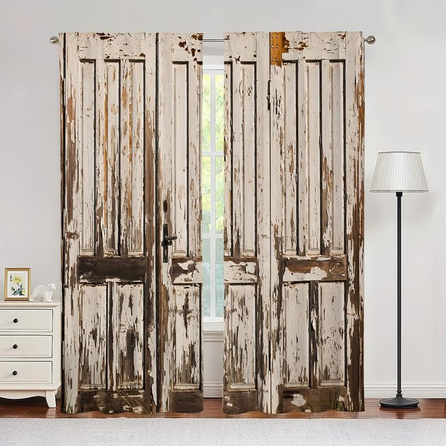 2er-Set Rustikale Vorhänge mit Holzoptik in Braun, Semi-transparent, Polyester, Breite: 50 cm, Höhe: 130 cm pro Paneel, inklusive Haken - Bild 1
