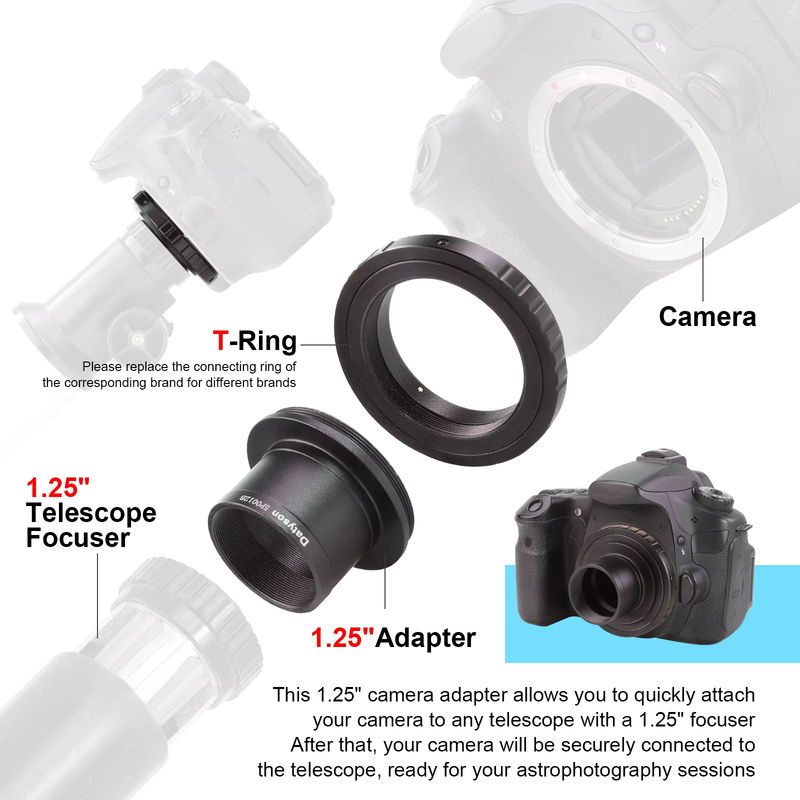 Datyson T2-Kamera-Adapter-Set für Astrofotografie mit 1,25-Zoll-Teleskop-Anschluss, 31,7 mm Fokussierer und M42 x 0,75 mm Gewinde, Schwarz - Bild 4