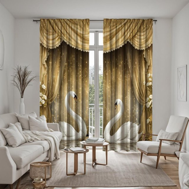 2er-Set dekorative Schwan-Vorhänge mit Schwan-Motiv in Beige und Gelb, halbtransparent für Wohnzimmer und Schlafzimmer, B: 132 cm, H: 160 cm - Bild 1