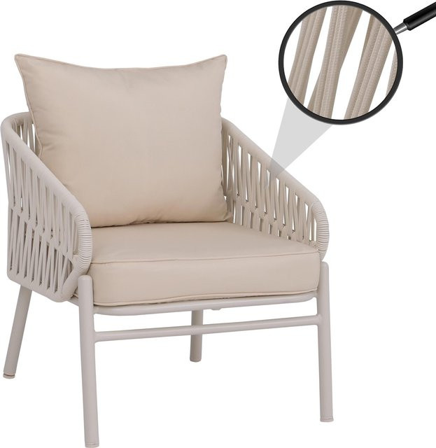 MCW Aluminium-Gartenstuhl P90 Loungestuhl mit Seilgeflecht und Polster in Creme - Bild 1