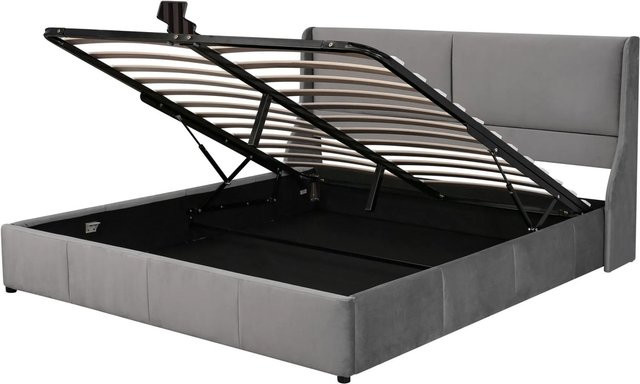 okwish Doppelbett mit hydraulischem Lift-up-Boden, gepolstertes Funktionsbett aus Samt in Grau, B/T/H: 160 x 200 x 100,5 cm - Bild 1
