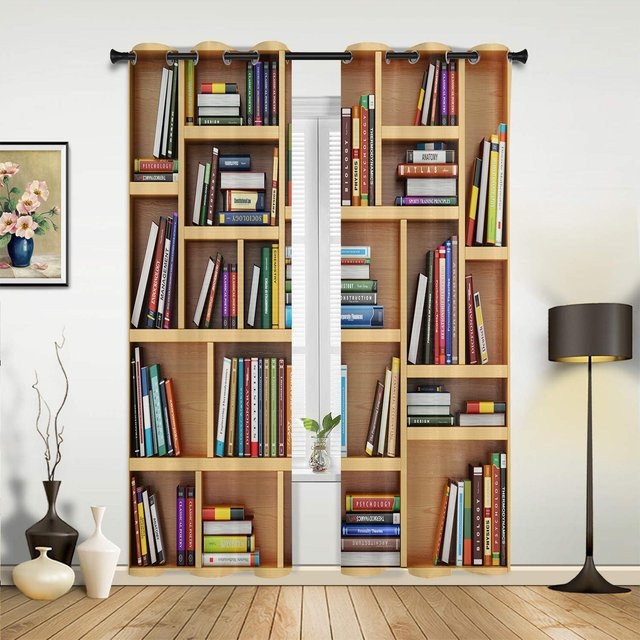 Vintage Vorhänge mit Bücherregal-Bibliothek-Motiv, 2er-Set, halbtransparent, Mehrfarbig, B: 60 cm x H: 60 cm - Bild 1