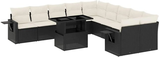 vidaXL 11-tlg. Garten-Sofagarnitur in L-Form aus Poly-Rattan mit Kissen, Schwarz-Creme - Bild 1