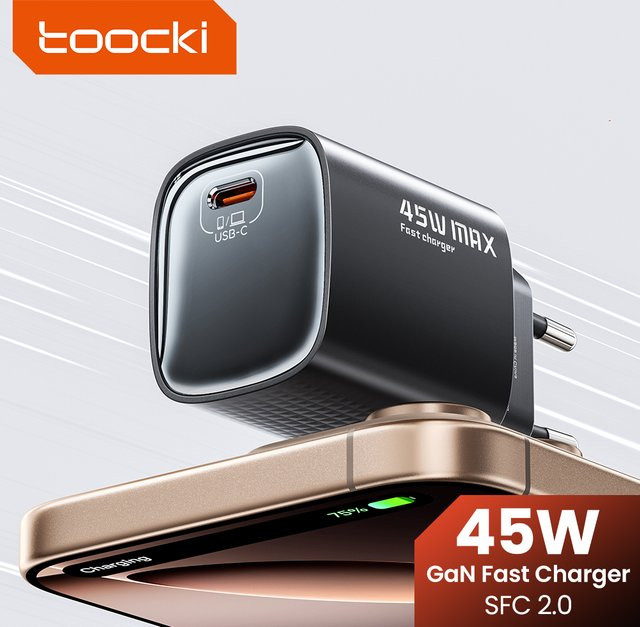 Toocki 45 W GaN USB Ladegerät mit PD und QC3.0 Schnellladung, USB-C Typ C Ladegerät in Schwarz für Samsung und iPhone - Bild 1