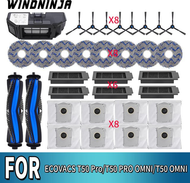 WINDNINJA Ersatzteil-Set für ECOVACS T50 PRO OMNI, T50 OMNI und T50 PRO OMNI GEN 2 Roboterstaubsauger mit Wischmopps, Haupt- und Seitenbürsten, Filtern sowie Staubbeuteln - Bild 1