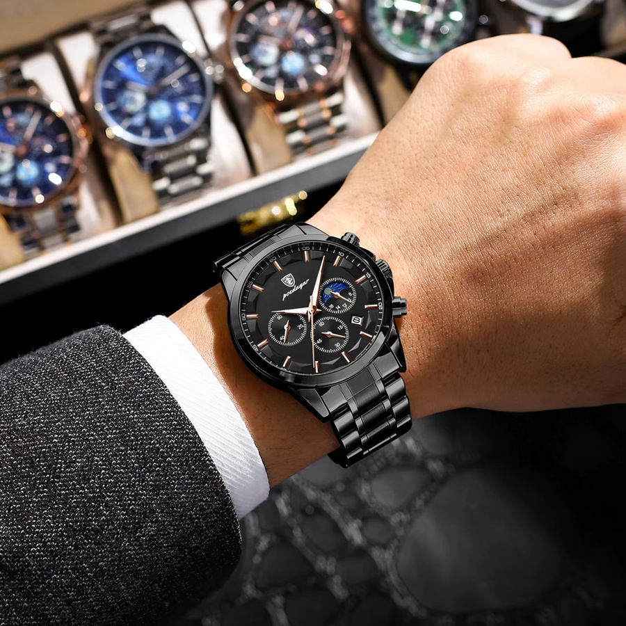 POEDAGAR Armbanduhr Chronograph, Quarz, Edelstahl, Schwarz, Herren - Bild 5