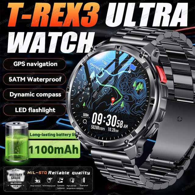 GUHUAVMI T-Rex3 Ultra Smartwatch für Männer mit 1,7 Zoll AMOLED Display, GPS, 5ATM Wasserdichtigkeit, Kompass und LED Taschenlampe, 1100 mAh Akku, kompatibel mit iOS - Bild 1