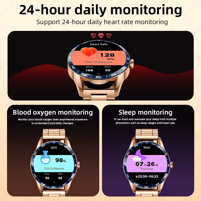 LIGE Smartwatch, Edelstahl, Schwarz, Gold, Unisex, Wasserdicht - Bild 5