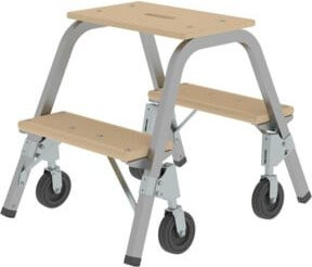 Günzburger MUNK Trittleiter aus Stahl und Holz mit 2 Stufen, rollbar und grau/mehrfarbig - Bild 1