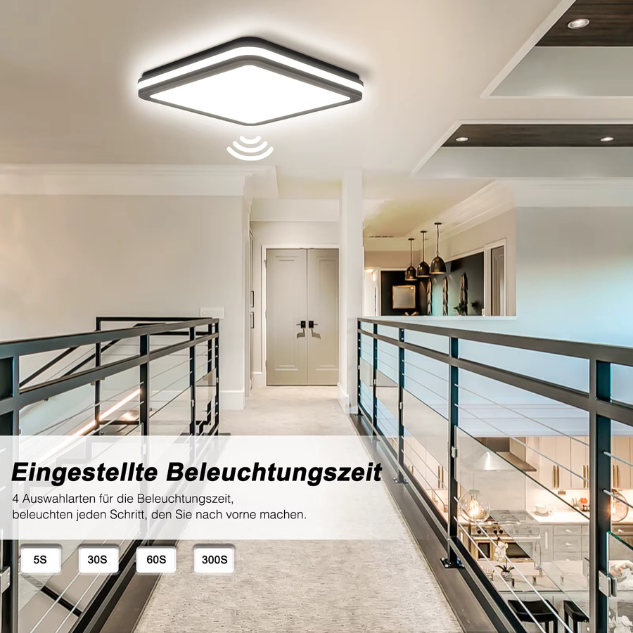 LEOEU Quadratische LED Smart Deckenleuchte mit Radar-Bewegungssensor, 18W, 1800LM, 4000K, IP54, Schwarz und Weiß - Bild 3