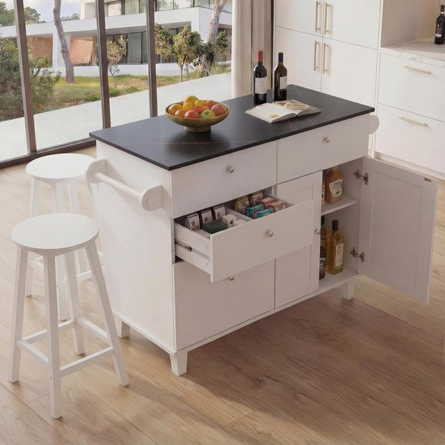 Kücheninsel MCW P62 mit 2 Sitzhockern und Staufächern in Weiß und Schwarz mit Marmor-Optik, H: 90 cm, B: 131 cm, T: 47 cm - Bild 2