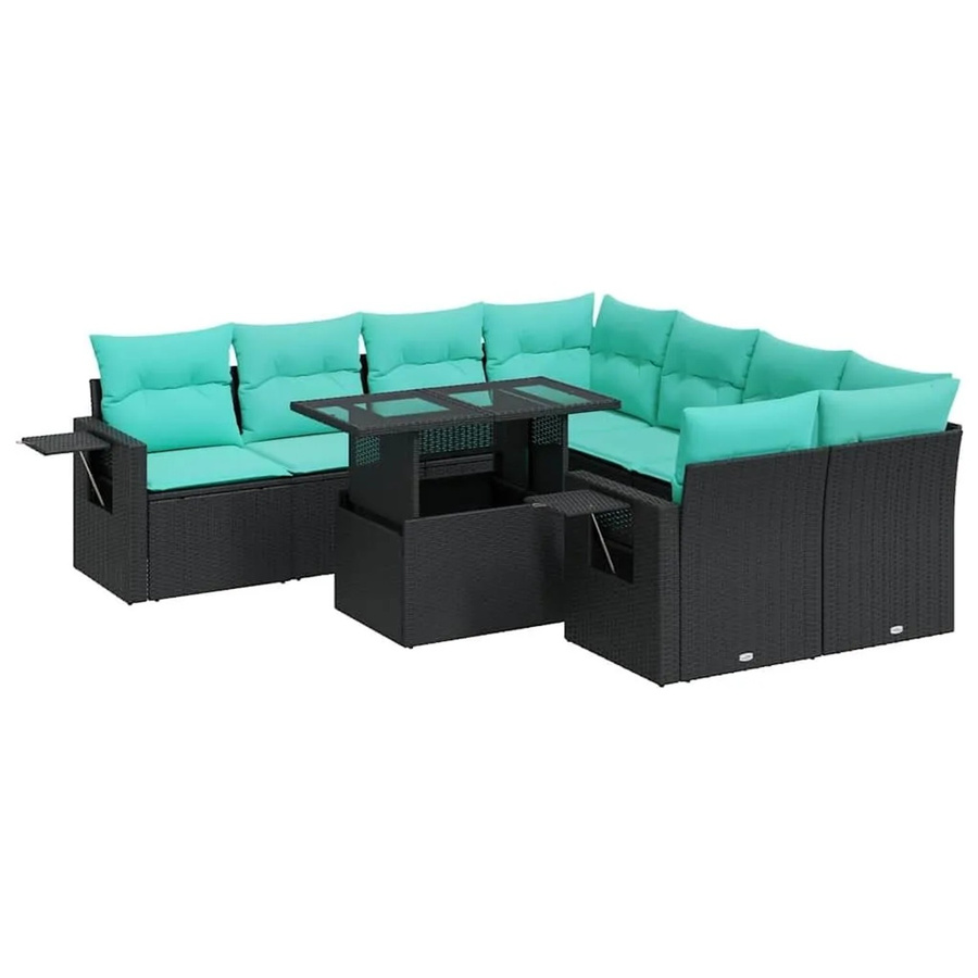 vidaXL 9-teilige Garten-Sofagarnitur in L-Form aus schwarzem Poly-Rattan und Akazie mit UV-beständigen Kissen - Bild 2
