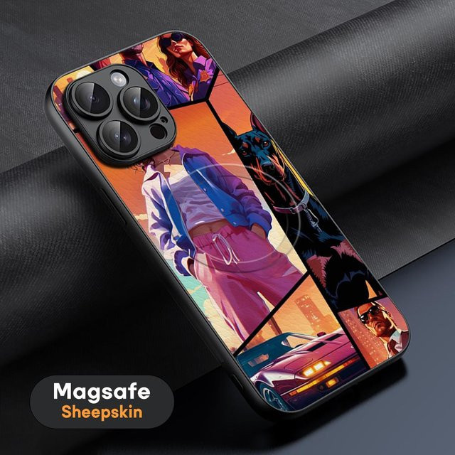 Luxus iPhone Hülle mit GTA 6 Logo Muster Design aus Lammleder und MagSafe Kompatibilität für iPhone 16 15 14 13 12 11 Pro Max Plus in Multicolour - Bild 1