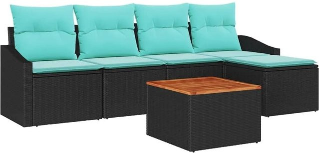 vidaXL Gartensofa-Set aus Poly-Rattan in Schwarz, 6-teiliges L-Shape Lounge-Set mit Kissen, Gartentisch, Armlehnen-Sofas und Fußhockern - Bild 1