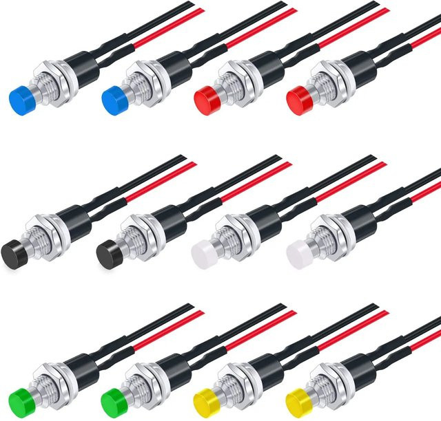 6 Stück Mini-Drucktastenschalter SPST 2 Pins 250 V AC, normal offen, mit vorgelöteten Drähten, mehrfarbig - Bild 1