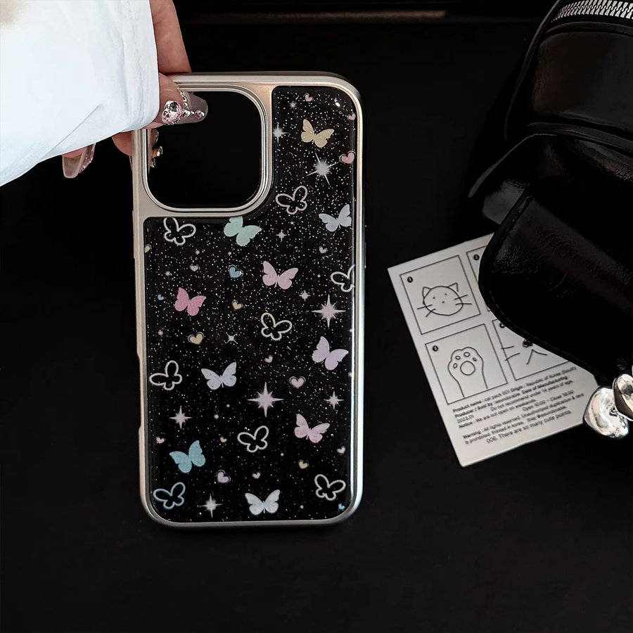 MUQGEW Schmetterlings Handyhülle mit Glitzer und silberner Randbeschichtung für iPhone 12 bis iPhone 17 Pro Max, stoßfeste Hartschale, Multicolor/Silber - Bild 2