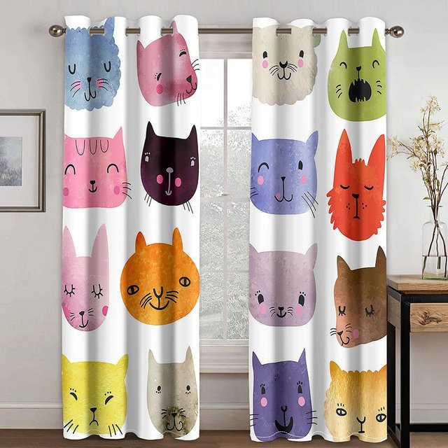 Super Six Kawaii Fenstergardinen mit Cartoon Katze und Naturmotiv, halbtransparent, Mehrfarbig, B: 160 cm, H: 184 cm - Bild 1