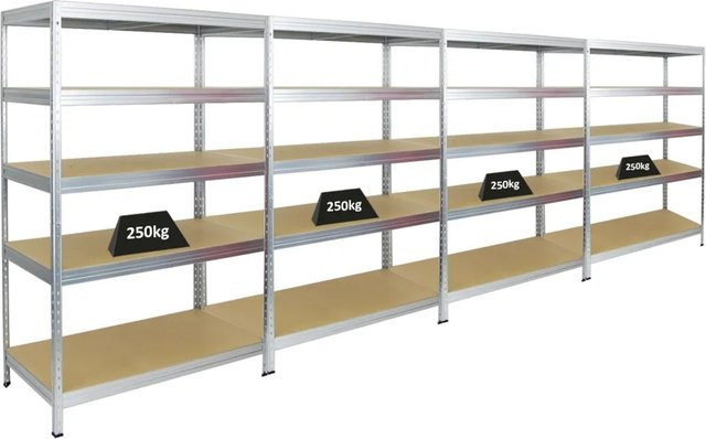 4er Set PROREGAL Schwerlastregal Rivet aus Stahl und MDF, Farbe Silber, H x B x T: 180 x 120 x 60 cm, Fachlast 250 kg, verstellbare Regalböden - Bild 1