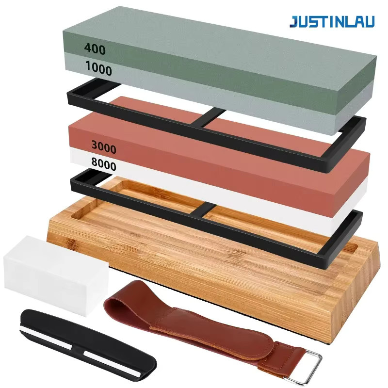 JUSTINLAU Professionelles Messer Schleifstein Kit mit rutschfester Bambus Basis, Doppelseitige Schleifsteine 400/1000 und 3000/8000 Mesh, Braun - Bild 5