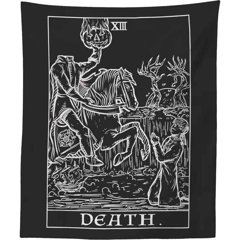 VIKAMA Wandteppich mit Tarot-Todeskarten-Aufdruck in Schwarz, Vintage Wandbehang für Wohnzimmer und Schlafzimmer, B/H: 60 x 40 cm - Bild 2