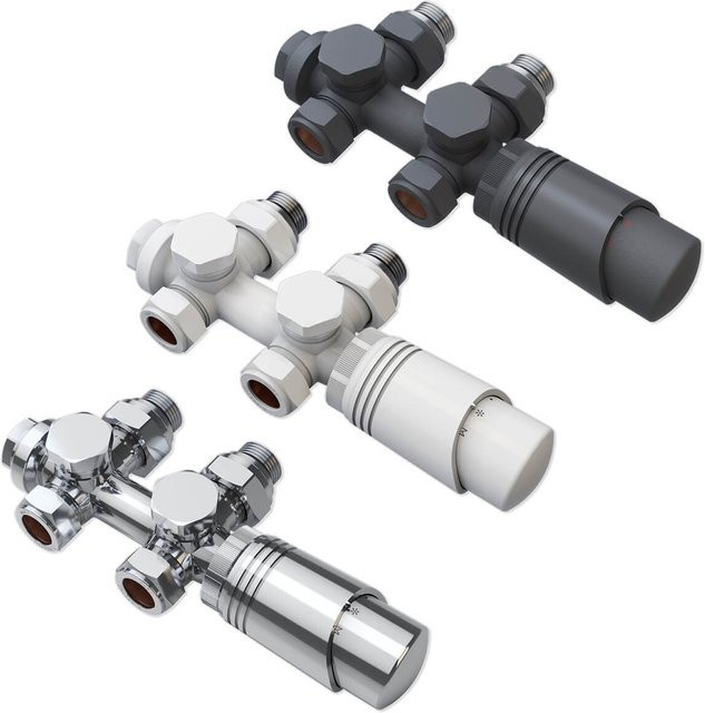 SONNI Multiblock Set für Heizkörper Anschlussarmatur mit Thermostat, Eck- und Durchgangsform, Messing in Chrom-Optik, 1/2 Zoll - Bild 1