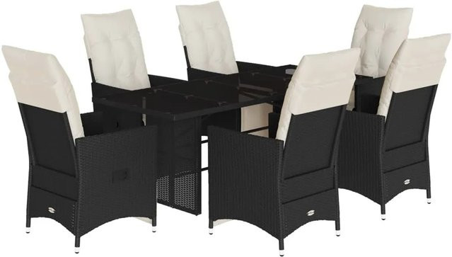vidaXL 7-tlg Garten-Essgruppe aus schwarzem PE-Rattan mit Hartglas-Tisch und Kissen - Bild 1